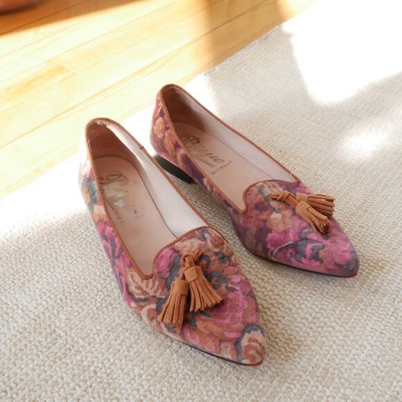 Anthropologie Bique Ballerinas | Velvet loafer pointed toe floral suede trim siz - Picture 11 of 13